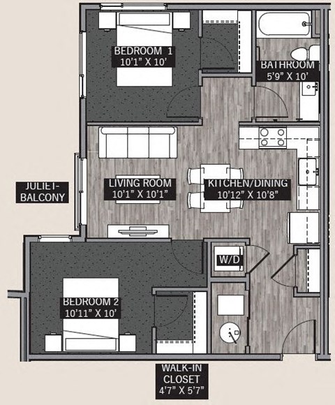 Floor plan for 2 beds, 1 bath, 760 sqft